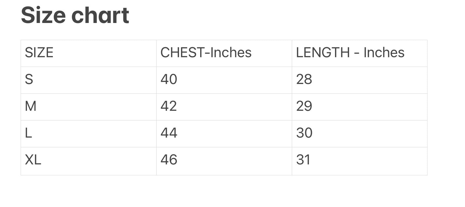 fitzire size chart